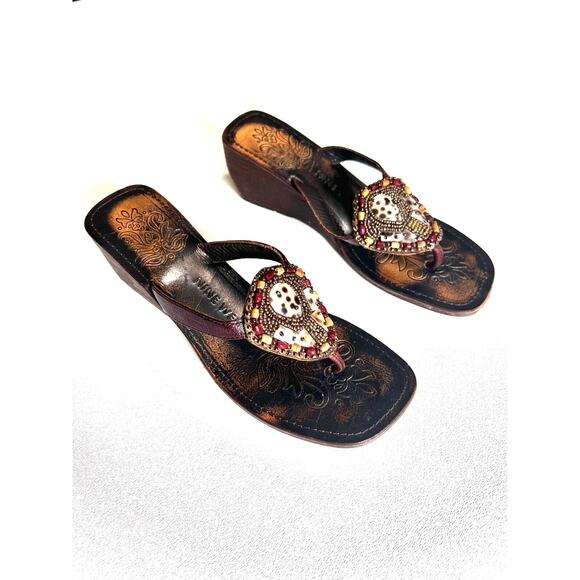Nine West Shoes Women 6-6.5 Boho Wooden Wedge Sandals Beaded‎ Brown - Picture 1 of 11